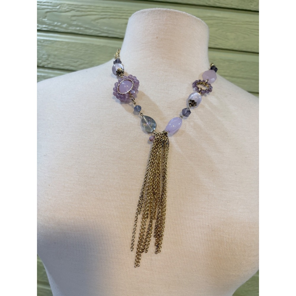 Purple Blue Beaded Y-Necklace Gold Tone Multi Strand Chain Tassel